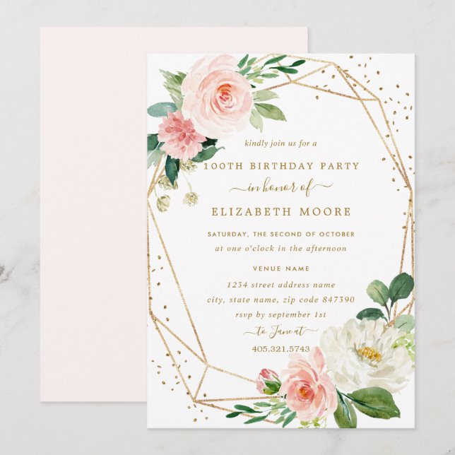 Convite de 100º Aniversário Blush Gold Floral Geom (Frente/Verso)