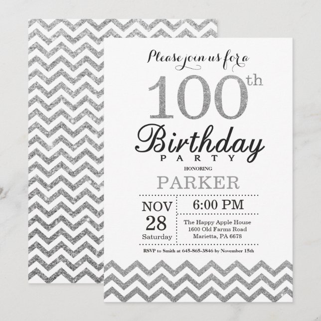 Convite de 100º Aniversário com Brilho Prateado (Frente/Verso)
