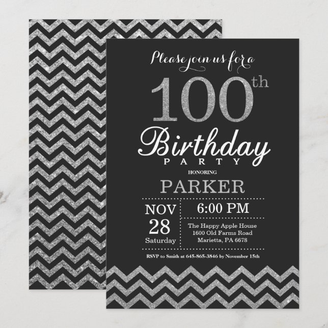 Convite de 100º Aniversário com Brilho Preto e Pra (Frente/Verso)