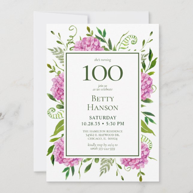 Convite de 100º Aniversário com Hortênsias Rosas e (Frente)