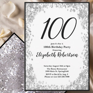 Convite de 100º Aniversário Elegante Prata e Preto