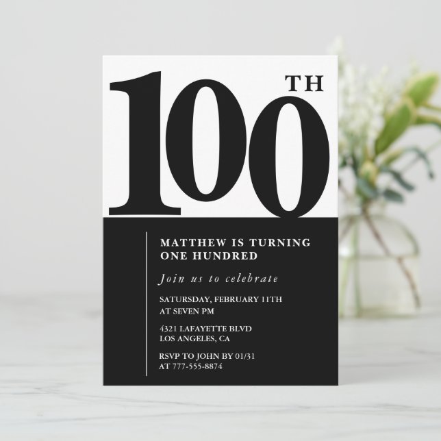 Convite de 100º aniversário elegante Preto Moderno (Em pé/Frente)