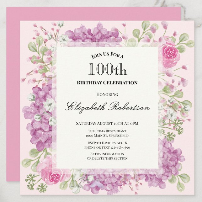 Convite de 100º Aniversário Elegantes Flores Rosa (Criador carregado)