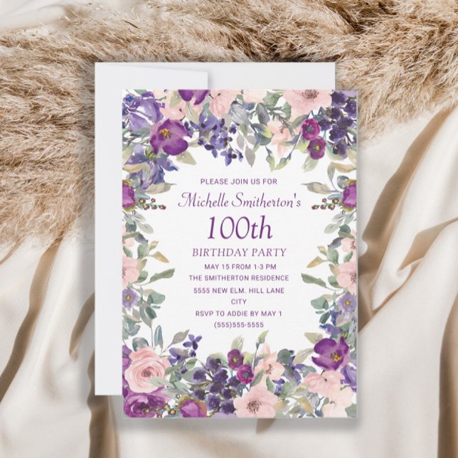 Convite de 100º Aniversário Floral Rosa com Bege R (Criador carregado)