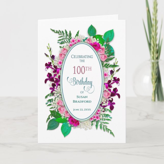 Convite de 100º Aniversário, Oval com Flores (Frente)