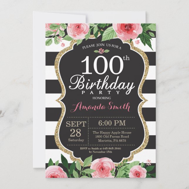 Convite de 100º Aniversário para Mulheres. Floral  (Frente)
