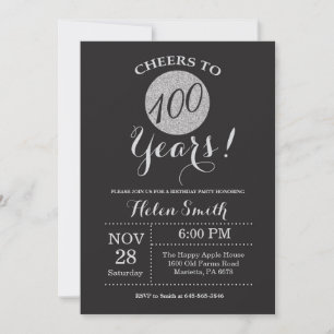 Convite de 100º Aniversário Preto e Brilho Prata