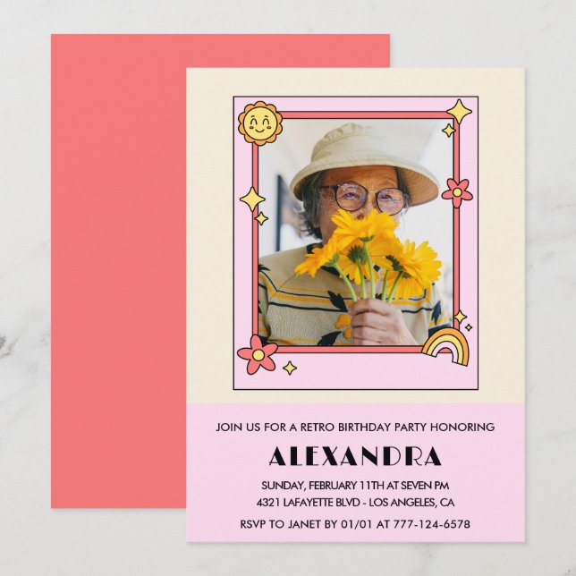 convite de 100º aniversário Retro Groovy Floral Ro (Frente/Verso)