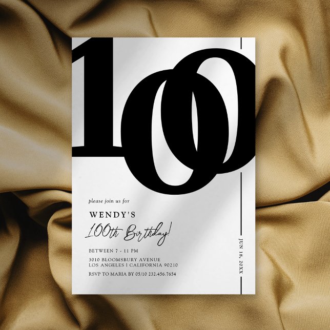Convite de 100 Anos de Idade Preto e Branco Elegan (Criador carregado)