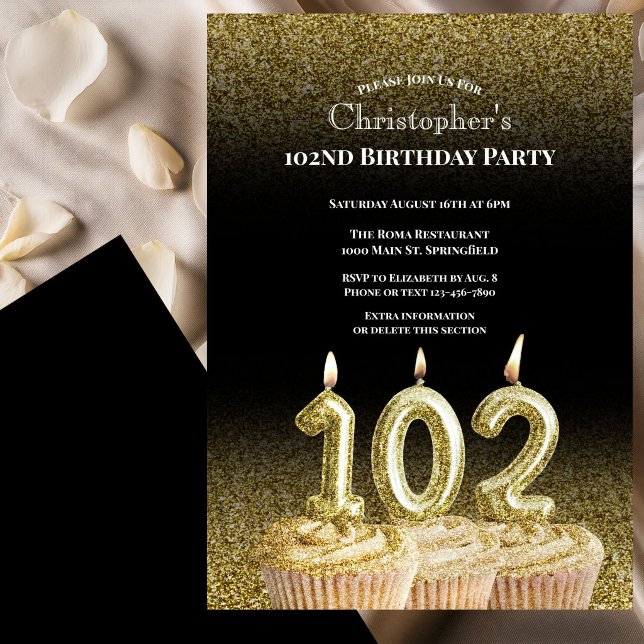 Convite de 102º Aniversário Preto e Dourado Para E (Criador carregado)