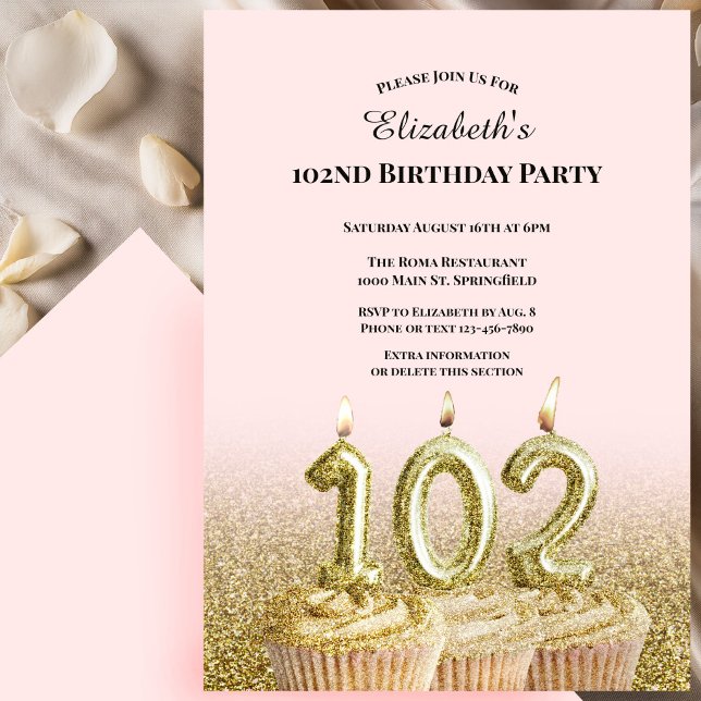 Convite de 102º Aniversário Rosa e Dourado Para El (Criador carregado)