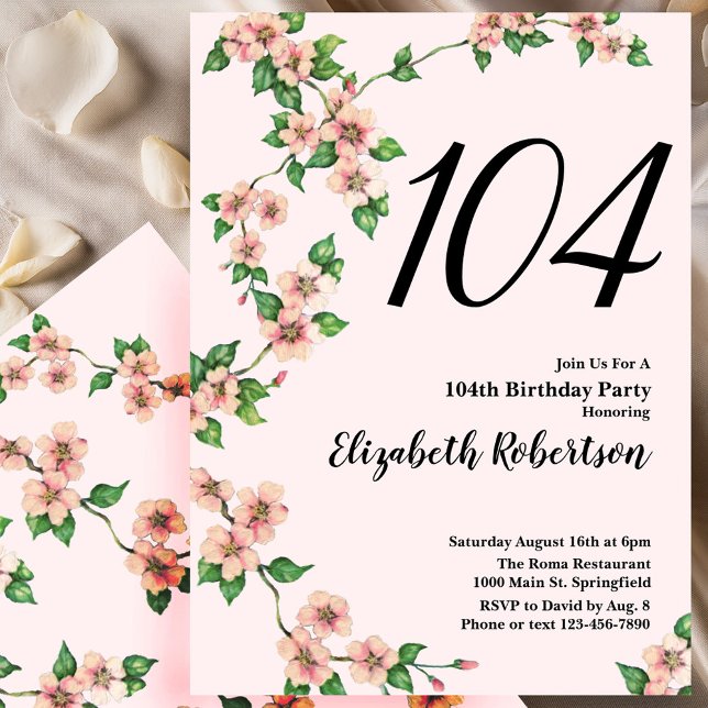 Convite de 104º Aniversário Floral em Rosa Bege (Criador carregado)