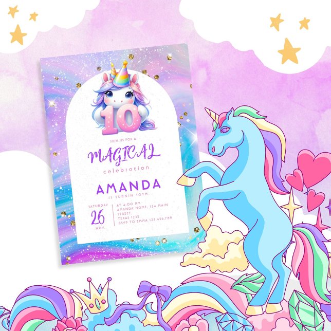 Convite de 10 de aniversário para Pastel Cute Unic (Criador carregado)