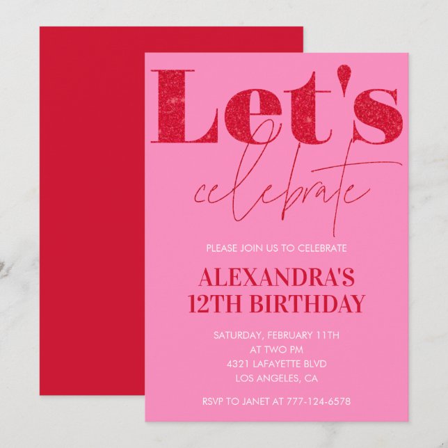 Convite de 12º aniversário elegante Rosa Glitter G (Frente/Verso)