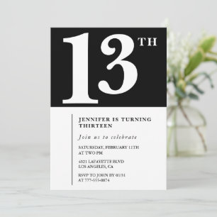 Convite de 13º aniversário Black White Girl Chic