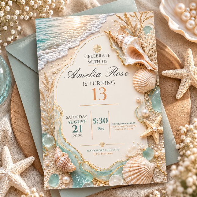 Convite de 13º Aniversário Elegante Praia (Criador carregado)