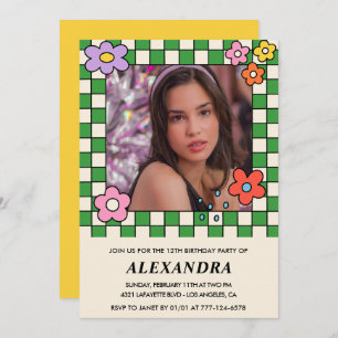 Convite de 13 de aniversário Retro Groovy Flowers