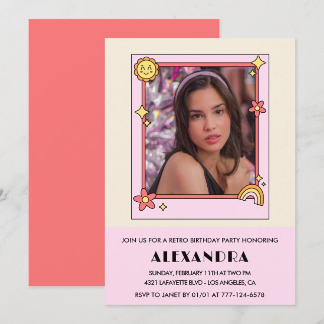Convite de 13 de aniversário Retro Groovy Pink Flo (Frente/Verso)