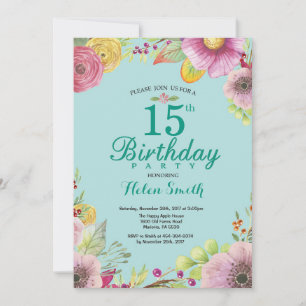 Convite de 15 anos Floral para Mulheres Azul Turqu
