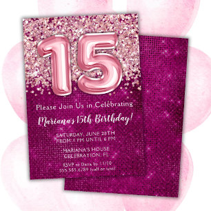 Convite de 15 Anos Menina Brilho Rosa Magenta