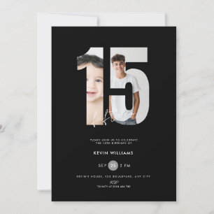 Convite de 15 anos preto com foto para meninos