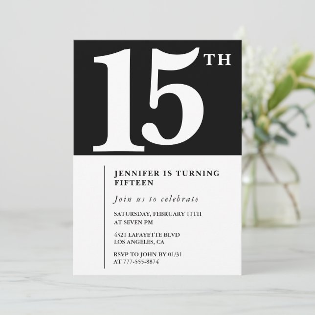 Convite de 15 anos preto Elegante Chique Simples (Em pé/Frente)