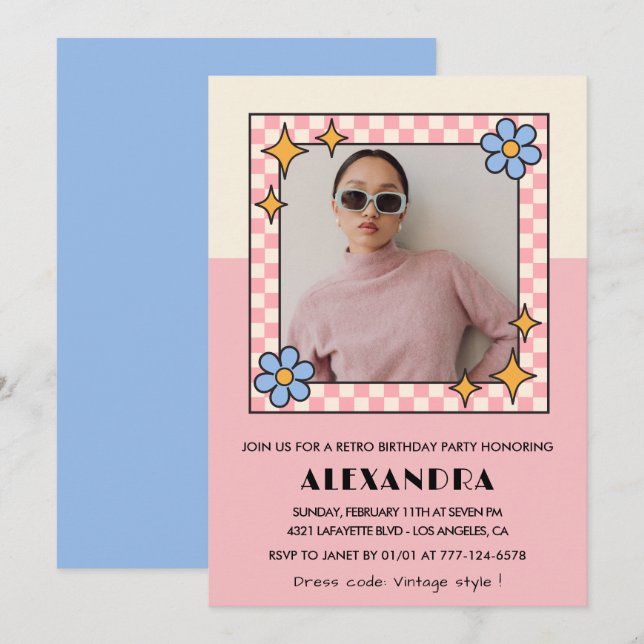 convite de 15 anos Retro Groovy Flores Rosa (Frente/Verso)