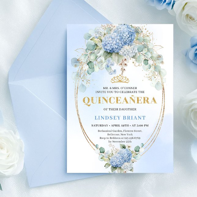 Convite de 15 Anos Romântico Flores Azuis Dourado (Romantic Blue Flowers Gold 15th Birthday Invitation)
