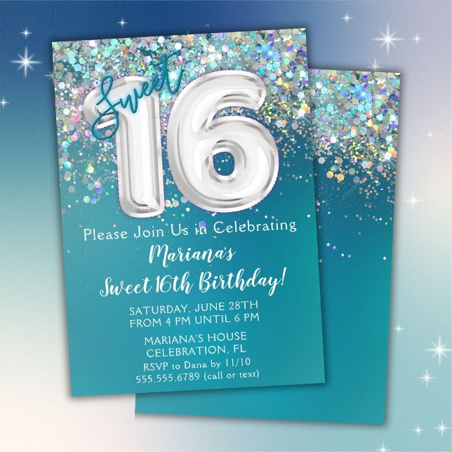 Convite de 16º Aniversário Brilho Teal Prata (Criador carregado)