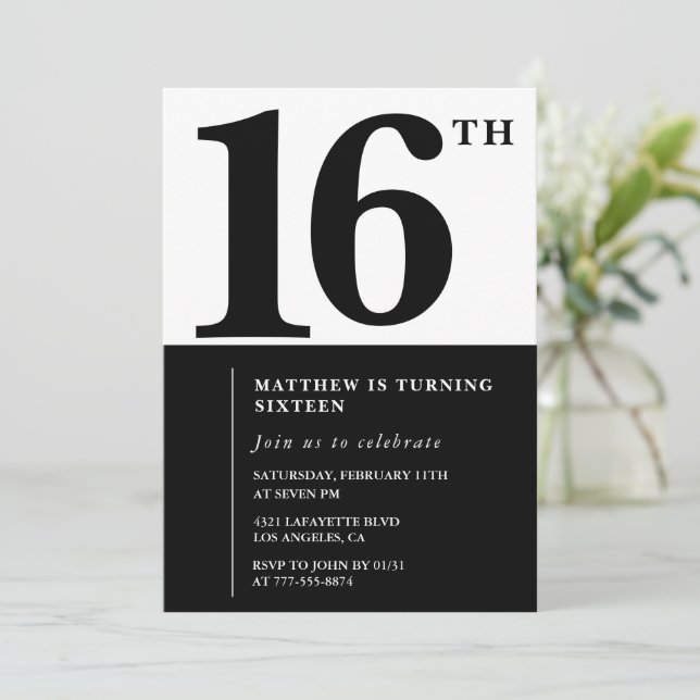 Convite de 16º aniversário elegante Black Chic Mod (Em pé/Frente)