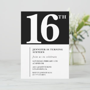 Convite de 16º aniversário preto Elegante Chic Sim
