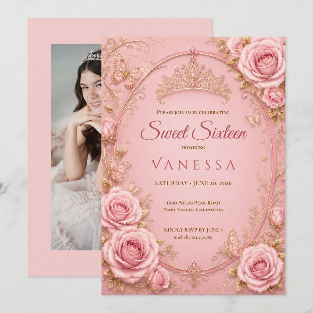 Convite de 16 anos doce Princesa Rosa (Frente/Verso)