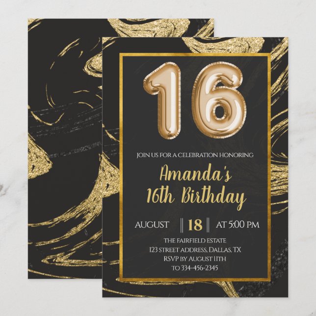 Convite de 16 de aniversário do Marble Dourado Esc (Frente/Verso)