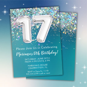 Convite de 17º Aniversário Brilho Teal Prata