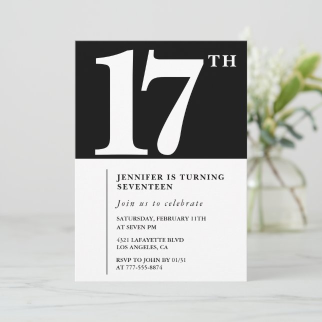 Convite de 17º aniversário preto Elegante Chic Sim (Em pé/Frente)