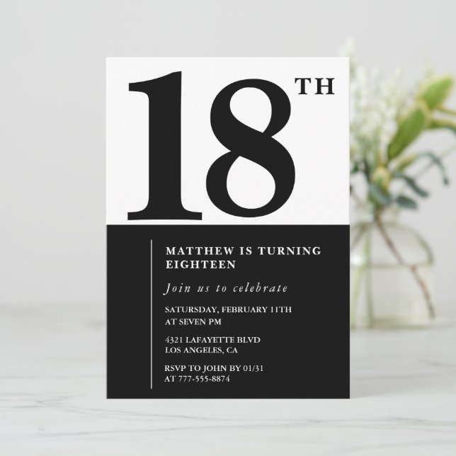 Convite de 18º aniversário elegante Black Chic Mod (Em pé/Frente)