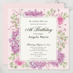 Convite de 18º Aniversário Elegantes Flores Rosa