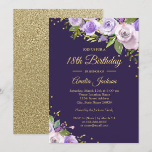 Convite de 18º Aniversário Floral Dourado Roxo Bri