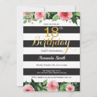Convite de 18º Aniversário Mulheres. Floral Dourad