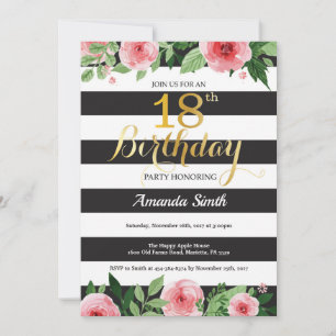 Convite de 18º Aniversário Mulheres. Floral Dourad