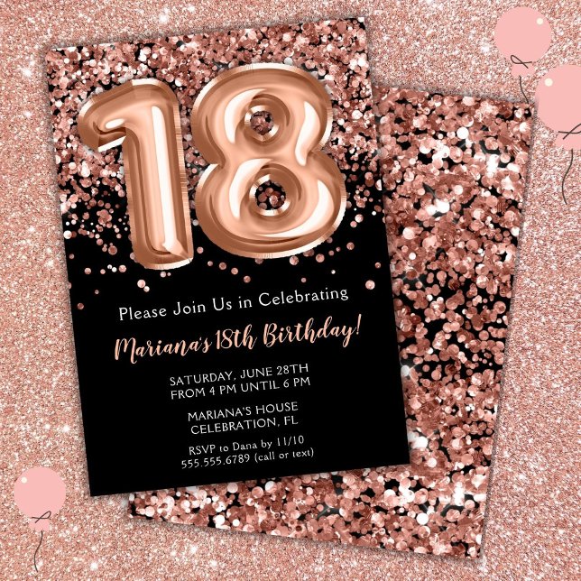 Convite de 18º Aniversário Preto Rosa Dourado Bril (Criador carregado)