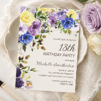 Convite de 18 Anos Floral Aquarela Amarelo Roxo