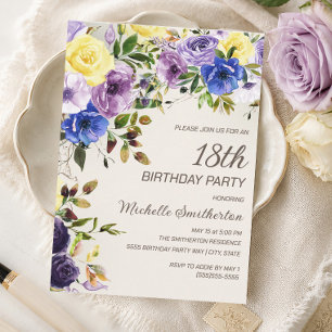 Convite de 18 Anos Floral Aquarela Amarelo Roxo