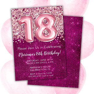 Convite de 18 Anos Menina Brilho Rosa Magenta