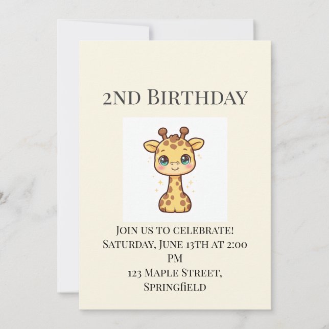 Convite de 2º Aniversário de Girafa Bebê Fofa (Frente)