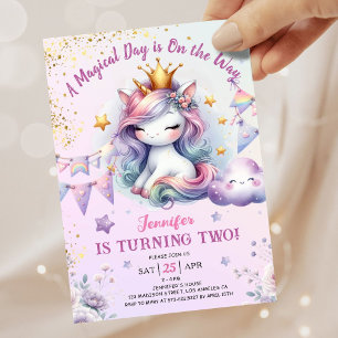 Convite de 2º Aniversário de Unicórnio Menina Rosa