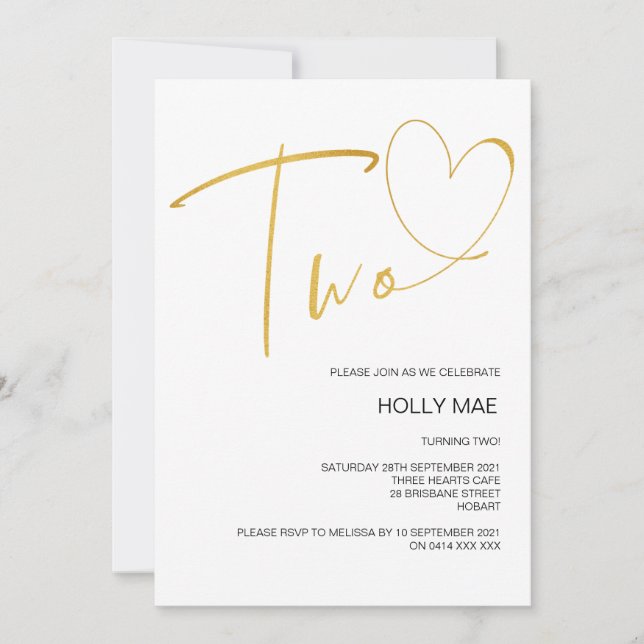 Convite de 2º Aniversário Elegante Coração Dourado (Frente)