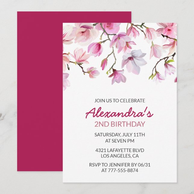 convite de 2º aniversário Floral Aquarela Simples (Frente/Verso)
