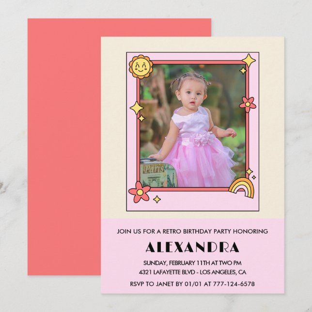 Convite de 2º aniversário Floral Rosa Groovy Retro (Frente/Verso)