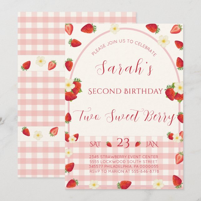 Convite de 2º aniversário Two Sweet Berry Strawber (Frente/Verso)